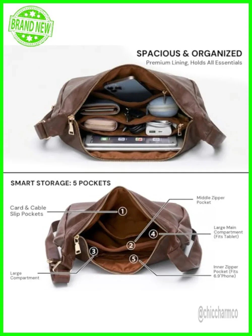 Soft Vegan PU Leather Slouchy Hobo Shoulder Bag Everyday Purse
